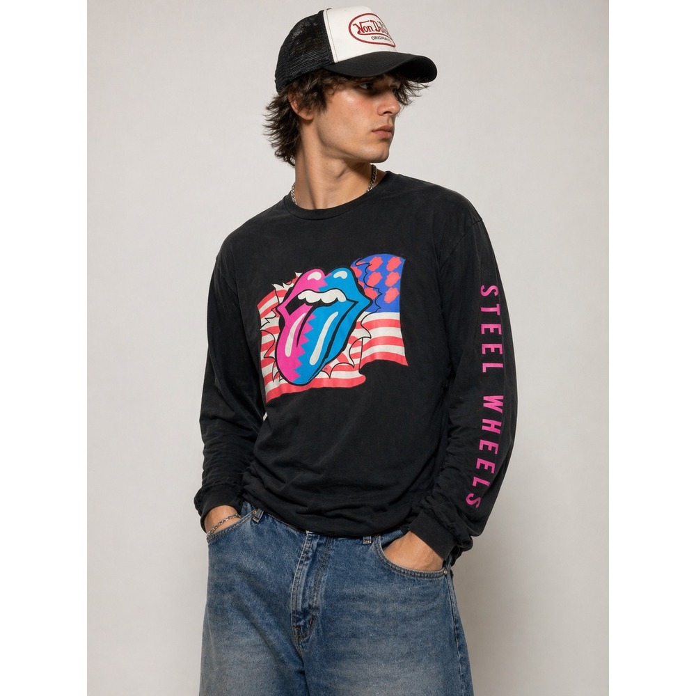 The Rolling Stones Graphic Tee Men L Black Excellent Steel Wheels Long Sleeve